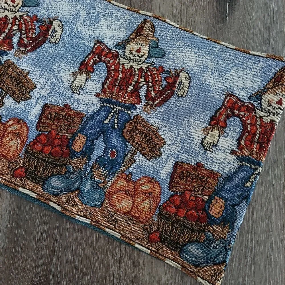 Fall Scarecrow Table Runner Tapestry Woven Autumn Farmhouse Country 70x13